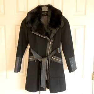 Via Spiga Black Coat With Faux Fur Collar and Faux Leather Trim, Size 4 Petite